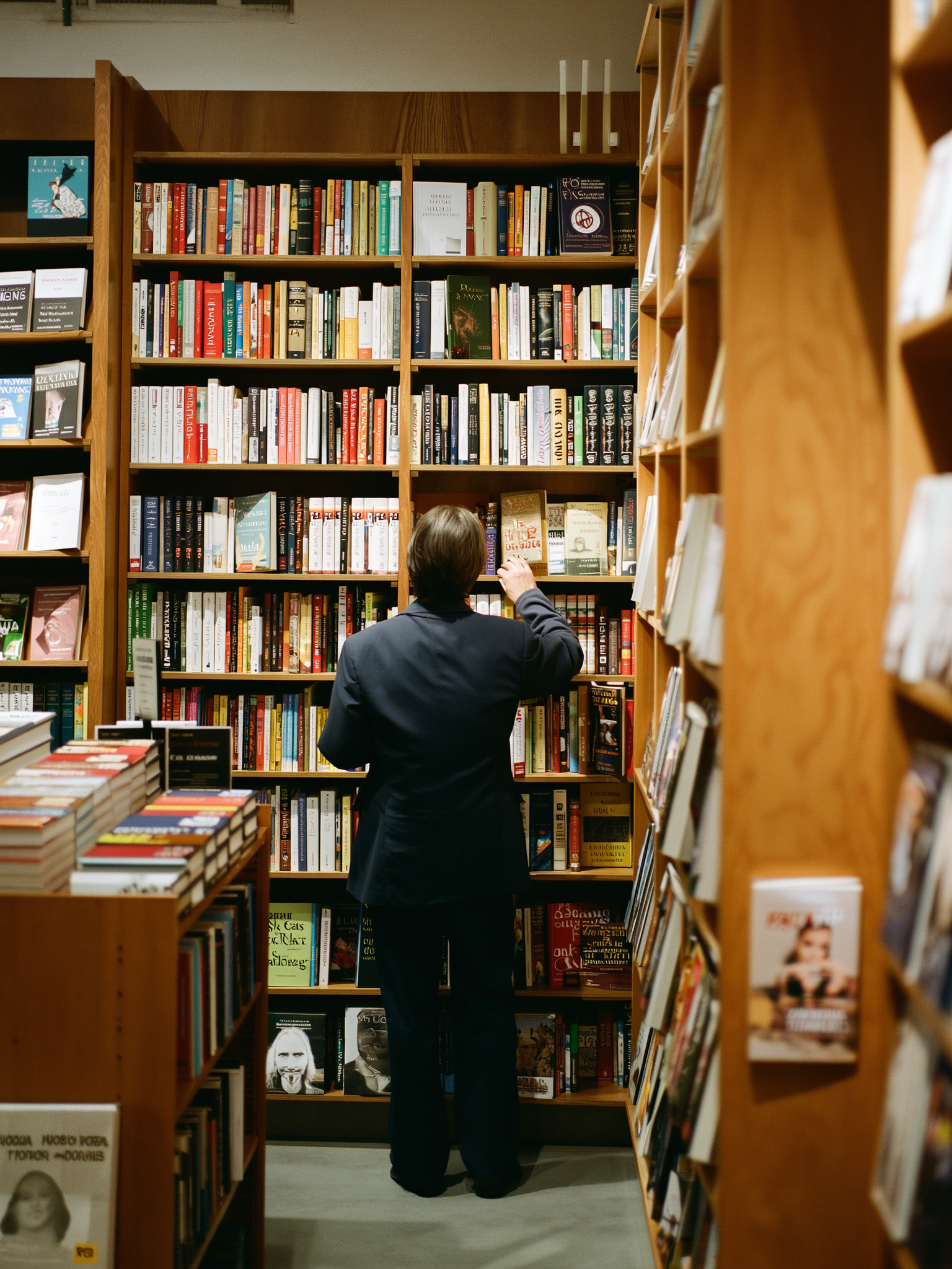 Een bezoeker zoekt tussen volle boekenkasten, in rood en zwart getint.