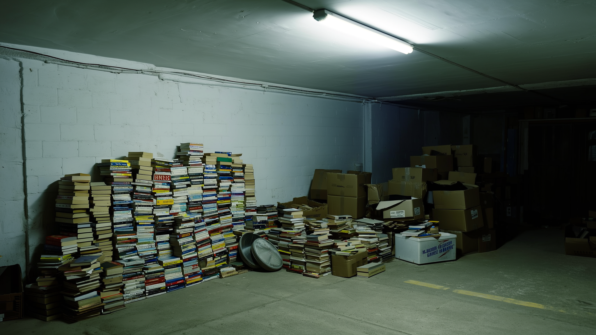 Stapels tweedehands boeken in de kelder van de winkel.