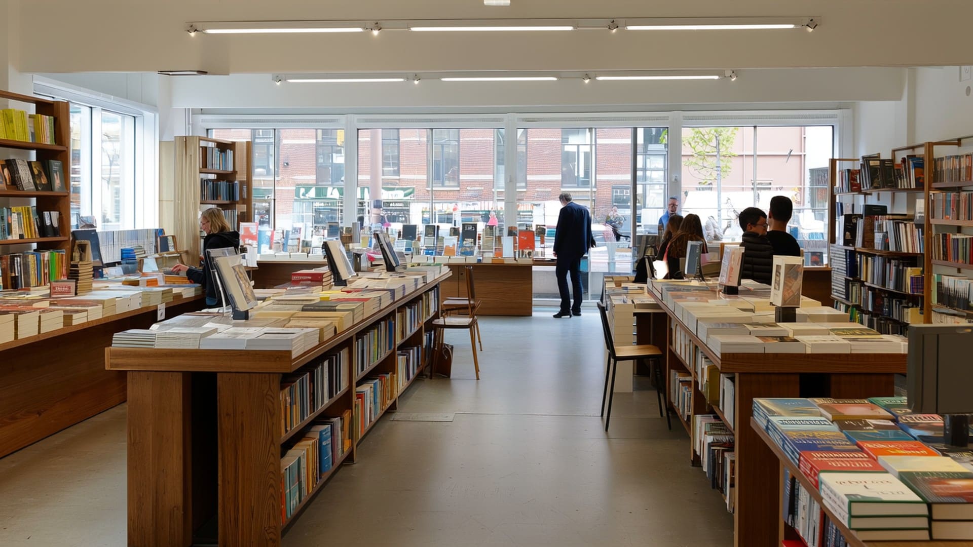 Interieur van een boekhandel met lange houten tafels vol boeken, hoge kasten langs de wanden en daglicht door de etalageruiten.