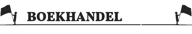 Logo van Boekhandel Rosa: het woord BOEKHANDEL tussen twee figuren die een vlag planten.